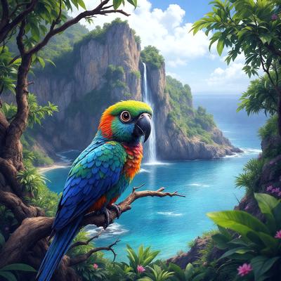 The primary subject of the image is a colorful parrot perched on a tree branch. The setting is a lush, tropical environment with a backdrop of a waterfall and a mountain. The visual style is a digital art illustration, creating a vibrant and lively atmosphere. The dominant colors include shades of green, blue, and orange, reflecting the natural beauty of the scene.